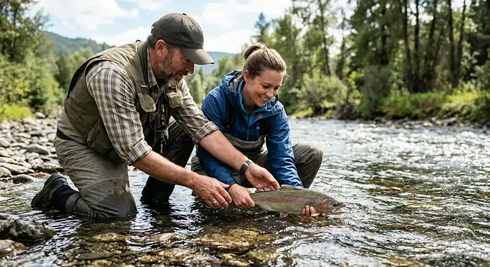 Guide helping a guest carefully release a caught river fish back into the water