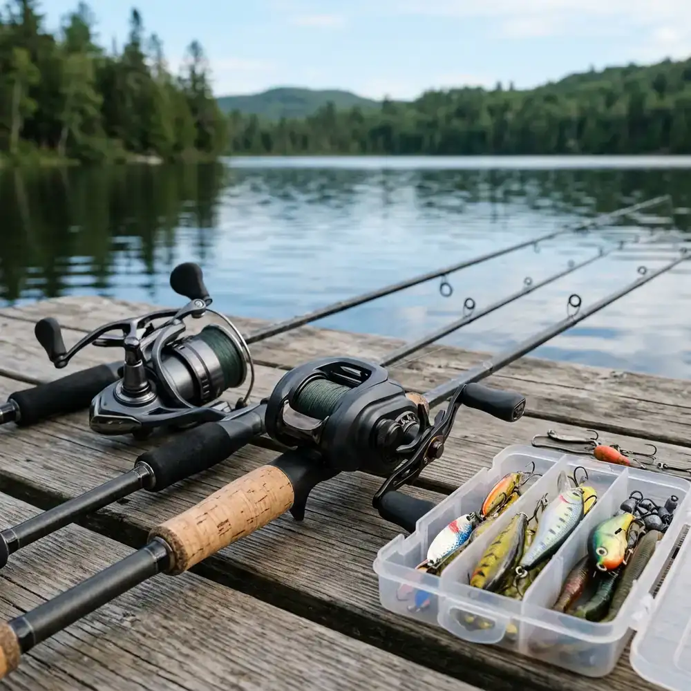 Close up of high quality fishing rods, reels, and tackles