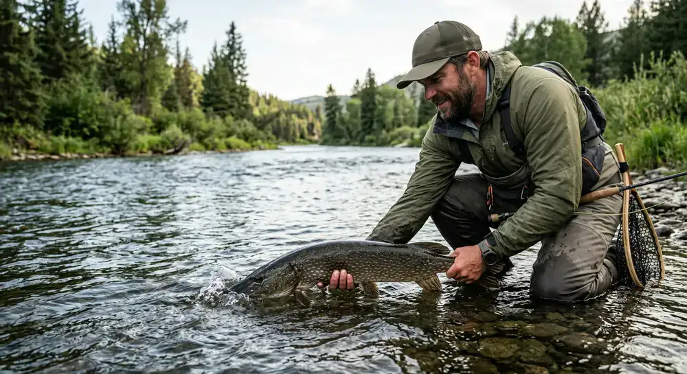 Angler carefully releasing a large fish back into the water