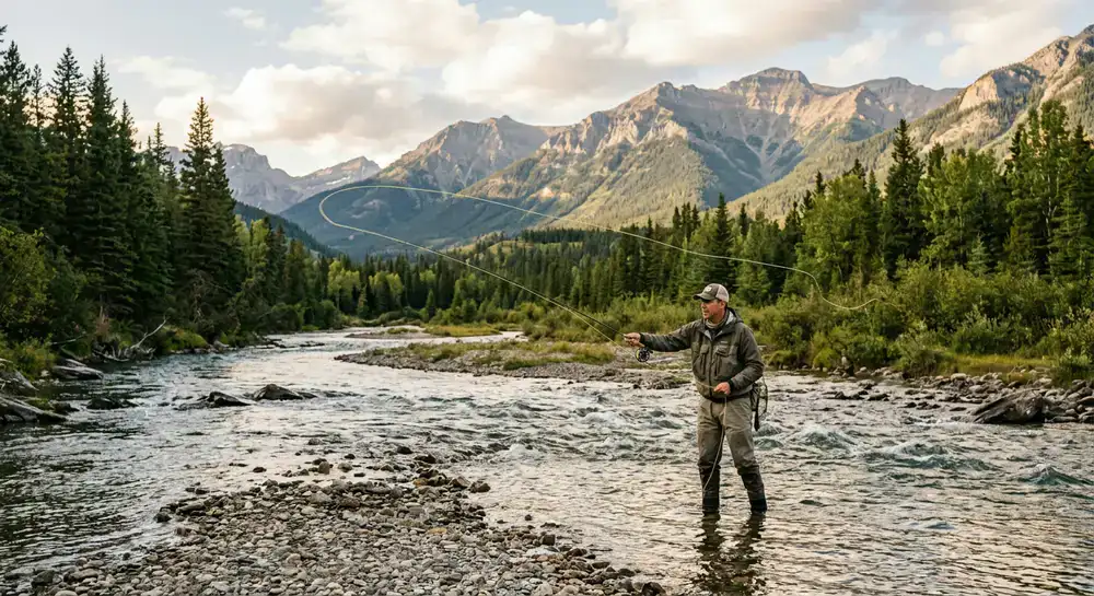 Scenic river landscape with an angler casting a line