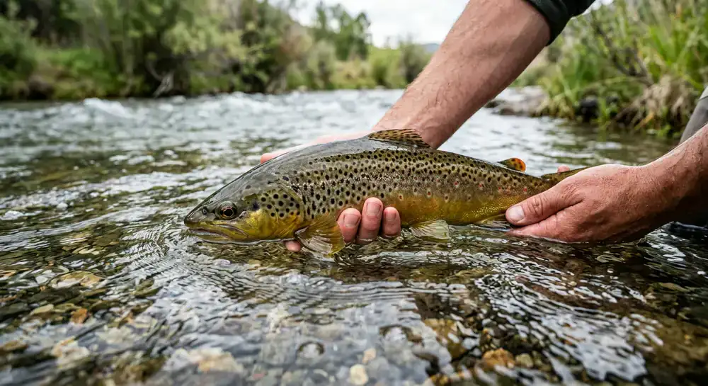 Close up of a wild fish being released into the clear river
