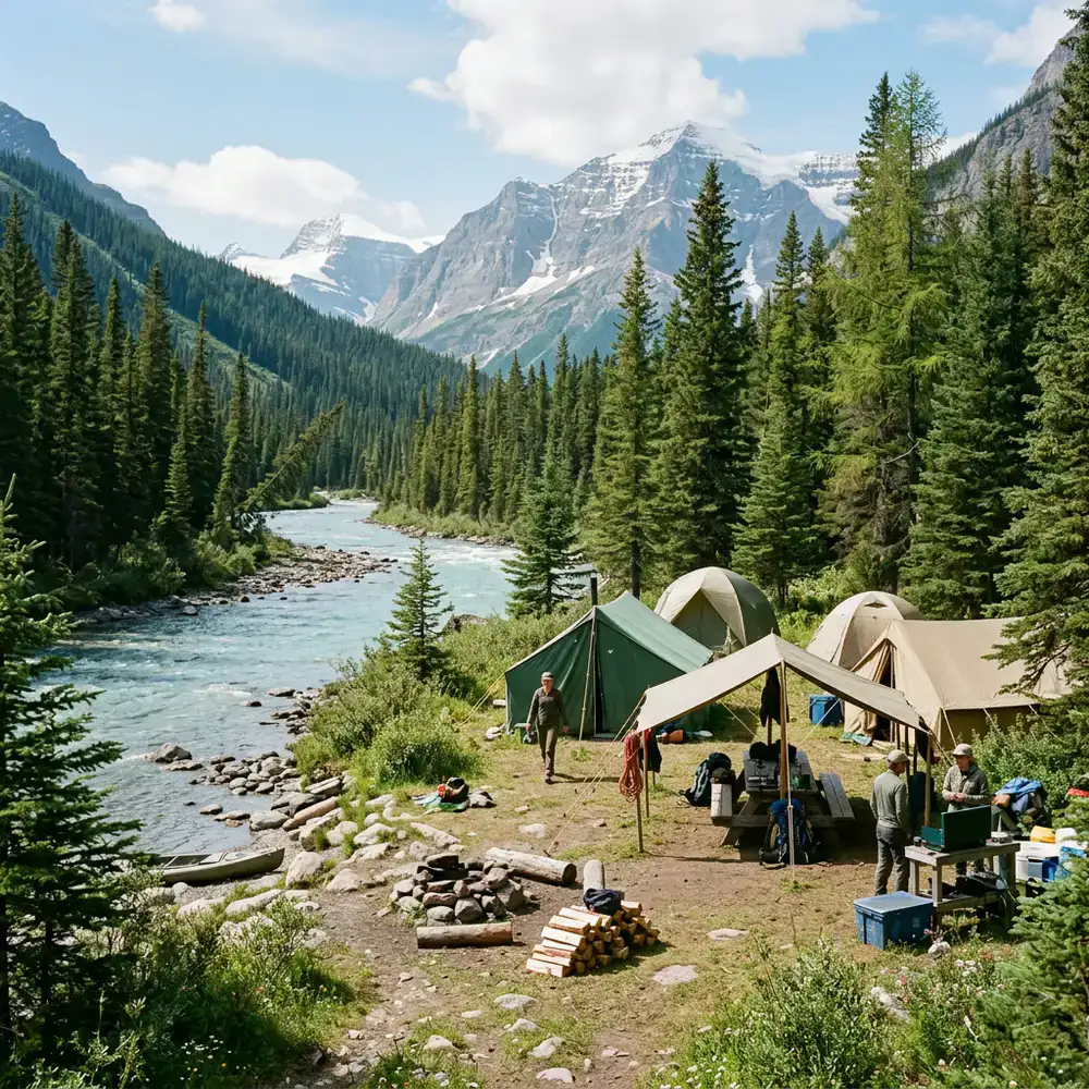 Riverside base camp surrounded by nature