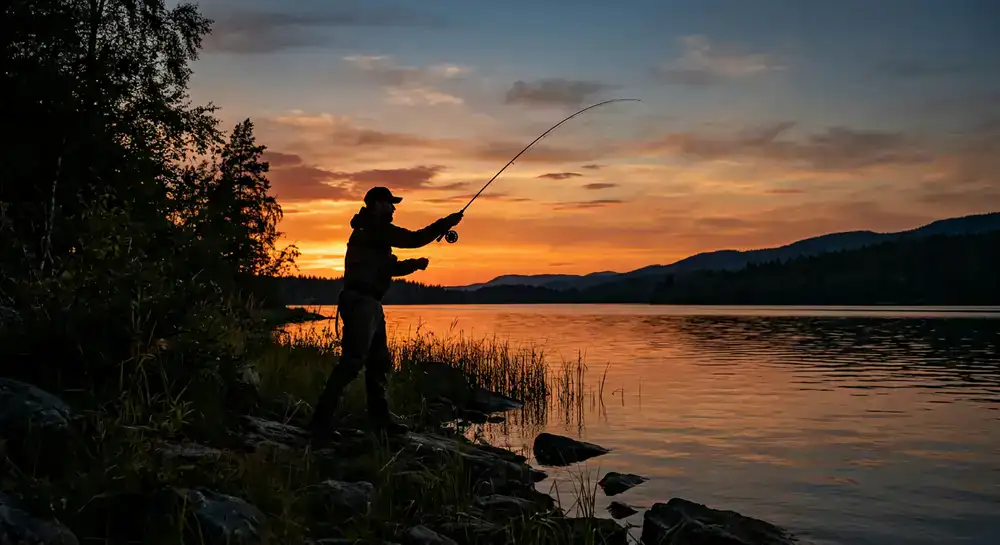 Silhouette of an angler casting a line at sunset