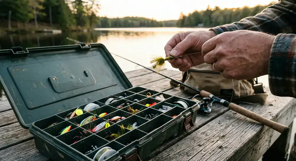 Close up of fishing tackle and gear preparation