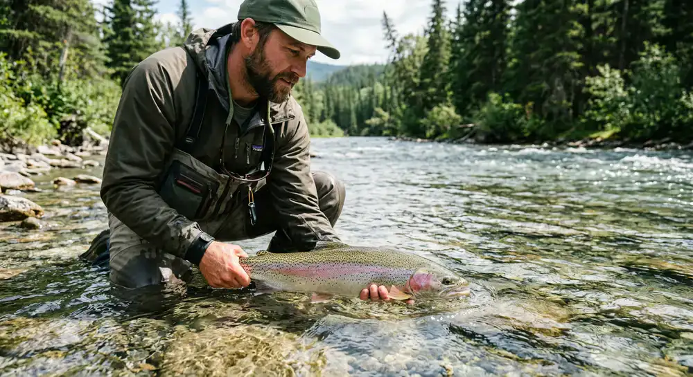 A guide gently releasing a large fish back into the clear river