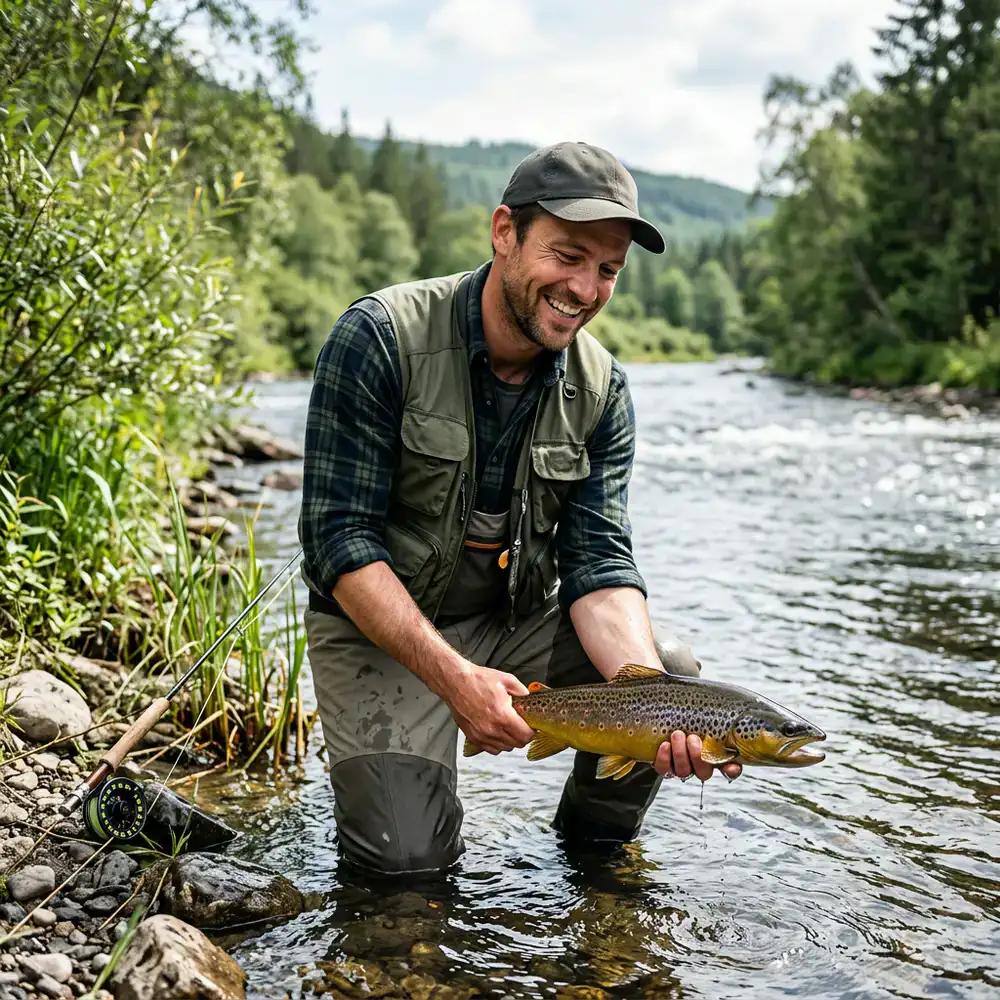 Happy angler holding a freshly caught fish by the riverbank before releasing it