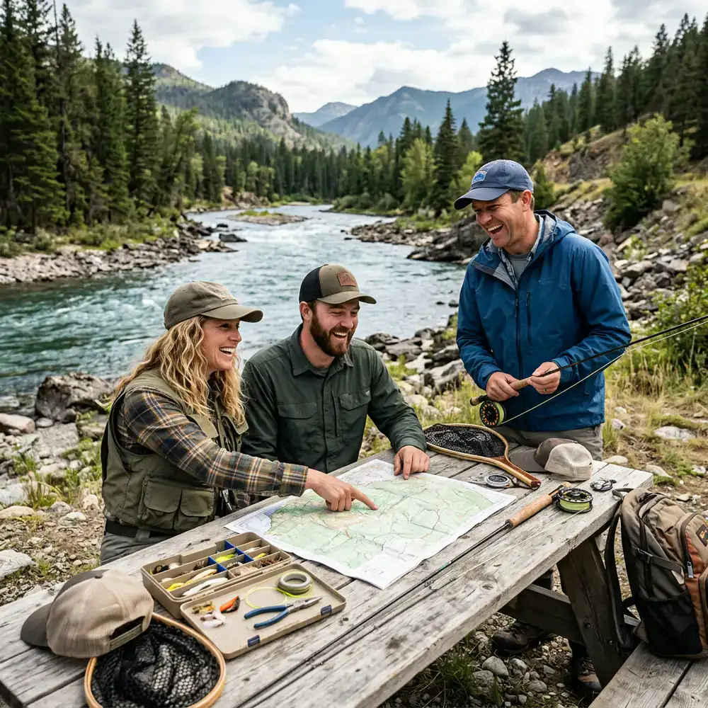Happy anglers reviewing maps and organizing fishing gear on a scenic riverbank