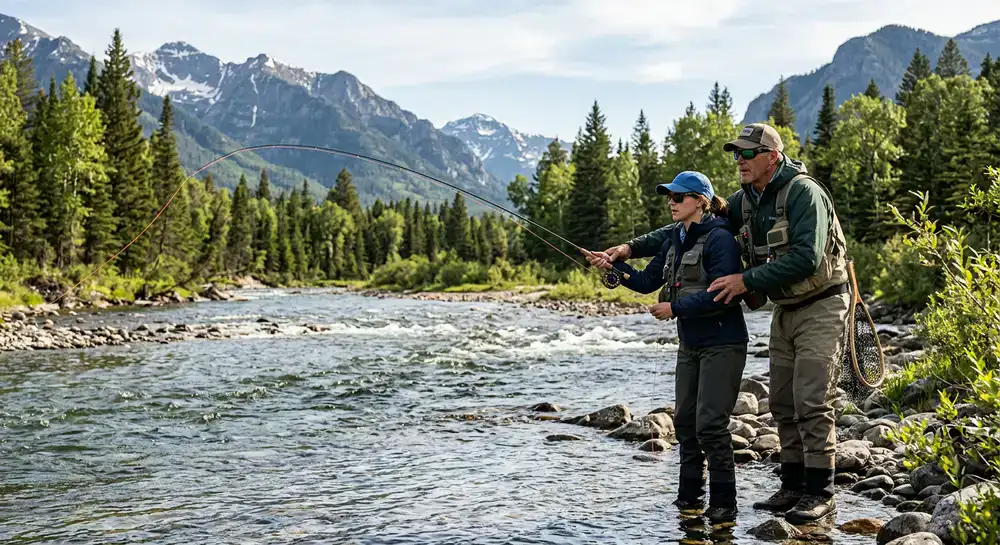 Expert fishing guide helping an angler cast a line in a scenic river