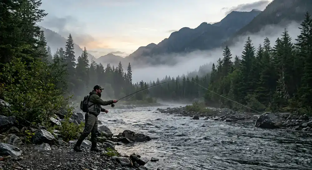Angler casting a line into a misty mountain river at dawn