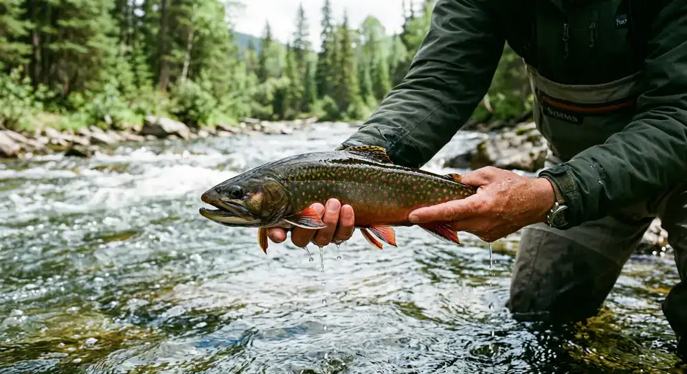 A beautiful wild river fish caught and held momentarily above the water