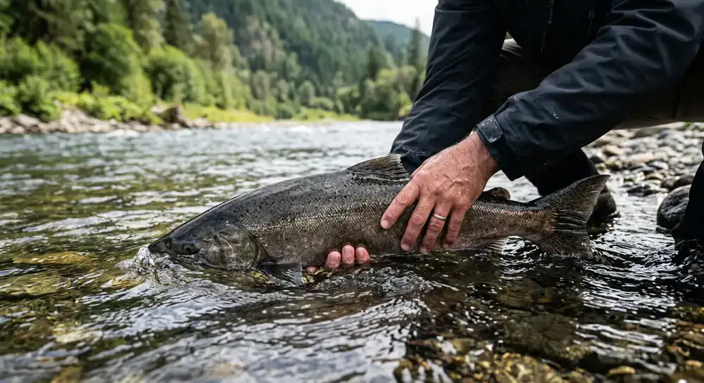 Hands carefully releasing a large caught fish back into the river