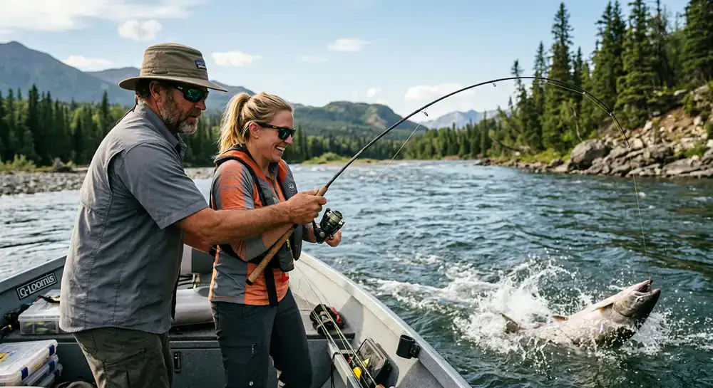 A fishing guide helping a guest reel in a strong catch