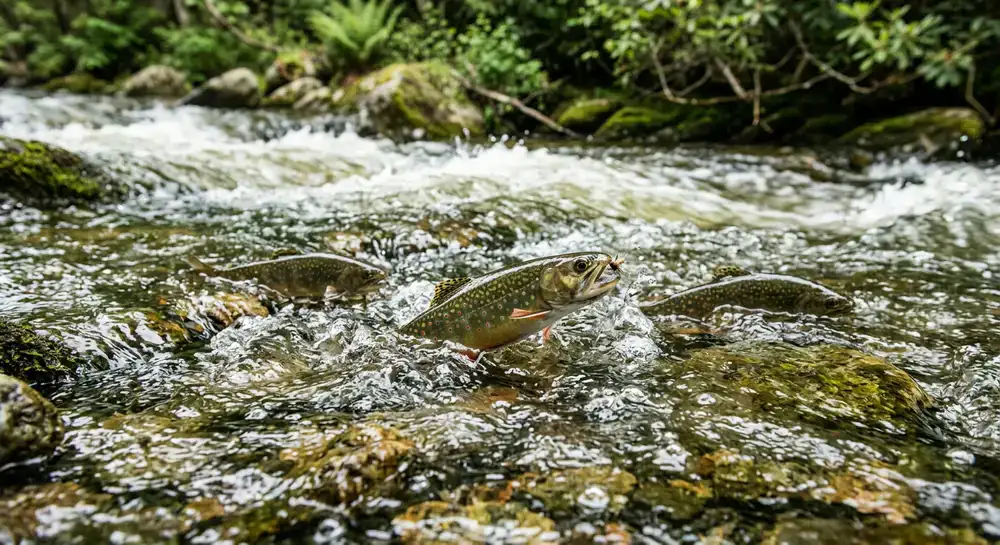 Close up of fast moving river water where native fish feed