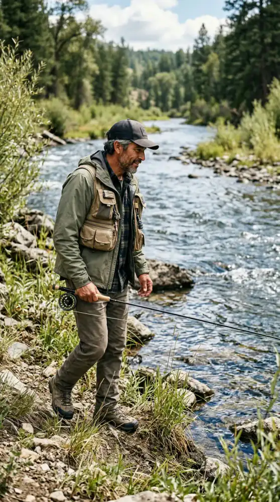 Mateo Cruz inspecting a river bank for fishing spots