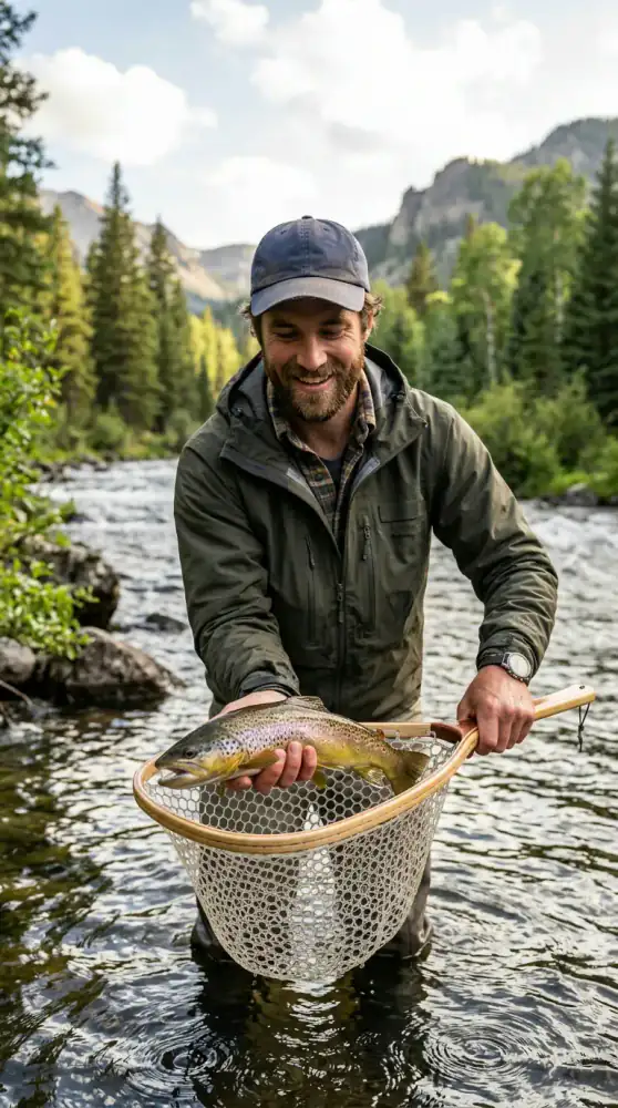 Jonah Rivers holding a safely caught fish in the net