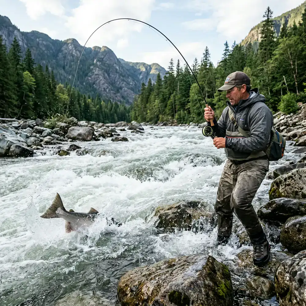 Angler battling a large fish in rapids