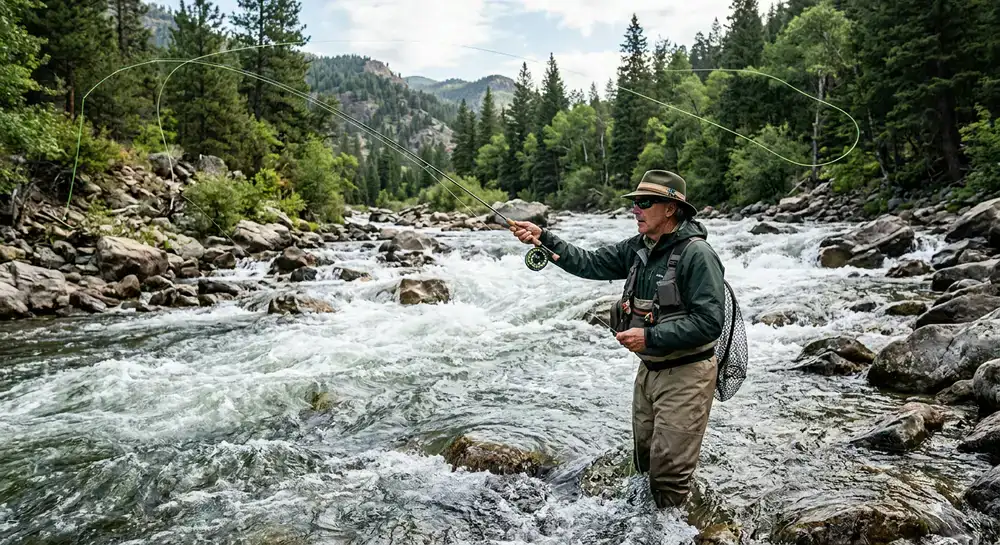 Angler casting a line into a fast-flowing river