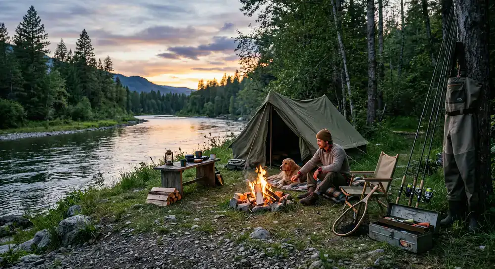 Riverside camp with fishing gear at dusk