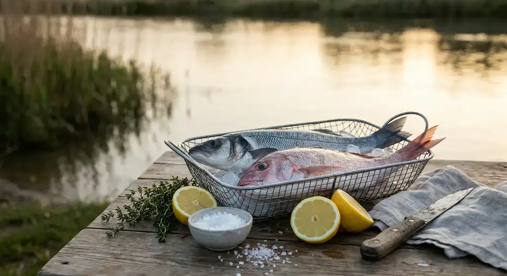 Guide preparing a riverside seafood meal at dusk